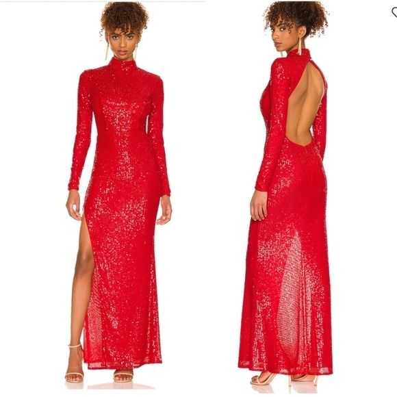 NBD Dress Safiya Maxi Gown Long Sleeve Back Cutout in Red Sequins - Picture 1 of 10